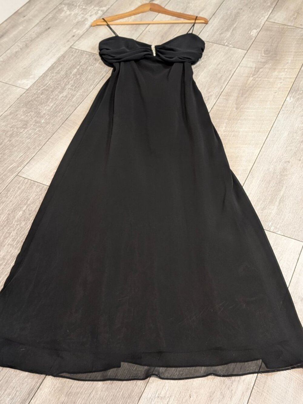 Sweetheart Ruched Empire Chiffon Maxi Gown Black L Rhinestone Formal Vintage Y2K - Picture 7 of 14